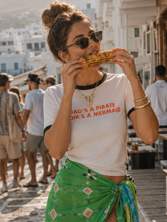White 80's Style T-shirt 'Dad's a pirate Mom's a mermaid' - Orange Print | Pirates of Venus