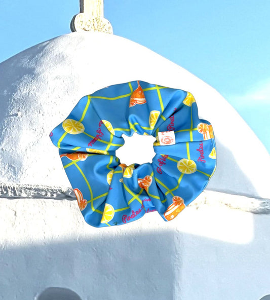 Πολύχρωμο scrunchie σε τυρκουάζ με κίτρινο, lime και πορτοκαλί λύκρα