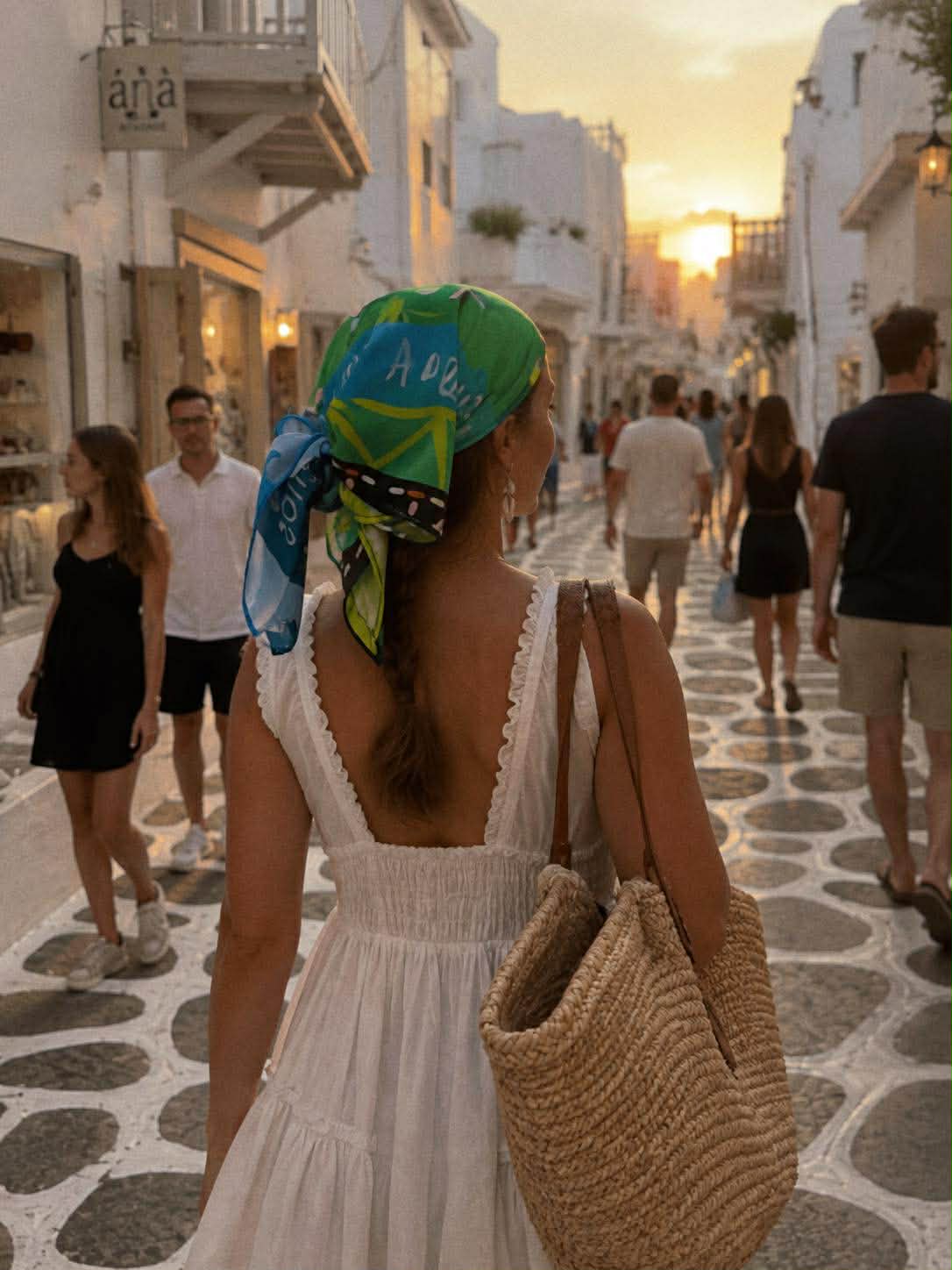 Κοπέλα κάνει βόλτα στα Ματογιάννια φορώντας ένα πράσινο πολύχρωμο μαντήλι ως μπαντανα στα μαλλιά.