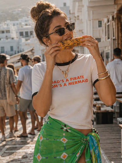 White 80's Style T-shirt 'Dad's a pirate Mom's a mermaid' - Orange Print | Pirates of Venus