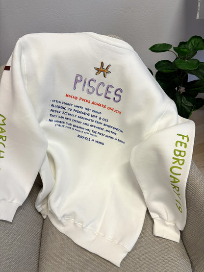 100% βαμβακερό φούτερ ελληνικής ραφής με πολύχρωμα τυπώματα μπροστά, πίσω και στα δύο μανίκια με θέμα το ζώδιο του Ιχθύ. Το χιουμοριστικό κείμενο της πλάτης!