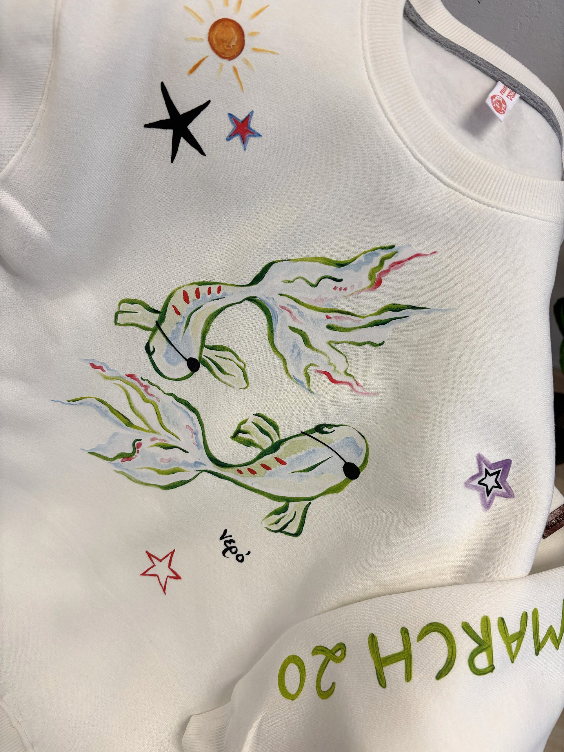 100% βαμβακερό φούτερ ελληνικής ραφής με πολύχρωμα τυπώματα μπροστά, πίσω και στα δύο μανίκια με θέμα το ζώδιο του Ιχθύ. Μπροστά έχει τα ψαράκια πειρατές!