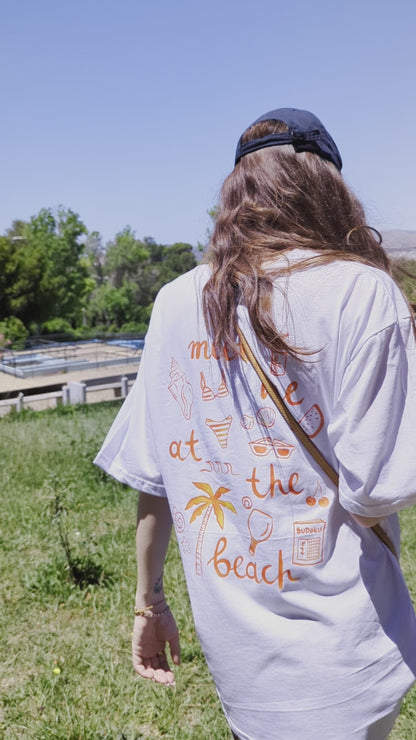 Meet Me At The Beach-Hand Designed Print Oversized Women's T-Shirt-White